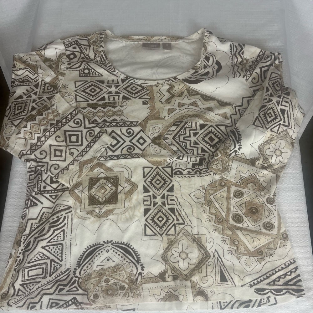 Chico’s Women’s Size 3 Printed Top Short Sleeve Beige Brown Stretch Blouse